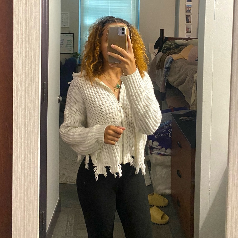 Raw hem zip up sweater